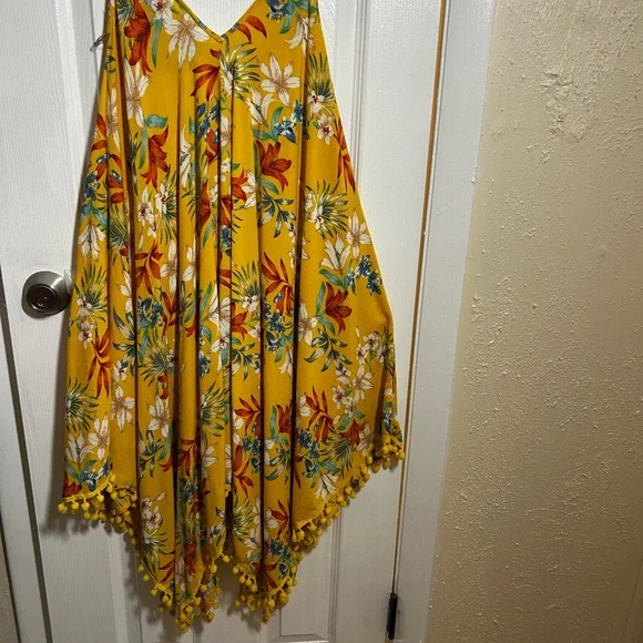 Goa Beachwear Japna Sz Large Tropical Floral Cover Up Dress Pom Pom Hem Yellow - Picture 2 of 12